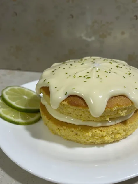 Lemon cake on a plate with a brown and green background,  as realistic as possible