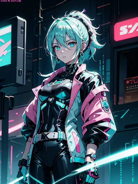 ( Masterpiece,  top quality,   night ,  Silver Hair:1.4), (cowboy shot:1.8), 8k,   is ridiculous,  beautiful girl, ( wearable computer :1.6),  cyberpunk, Cybergoth, ( cyberpunkoutfit,  Fluorescent Pink Accents , Shineing pink lines on short jacket:1.4),  n...