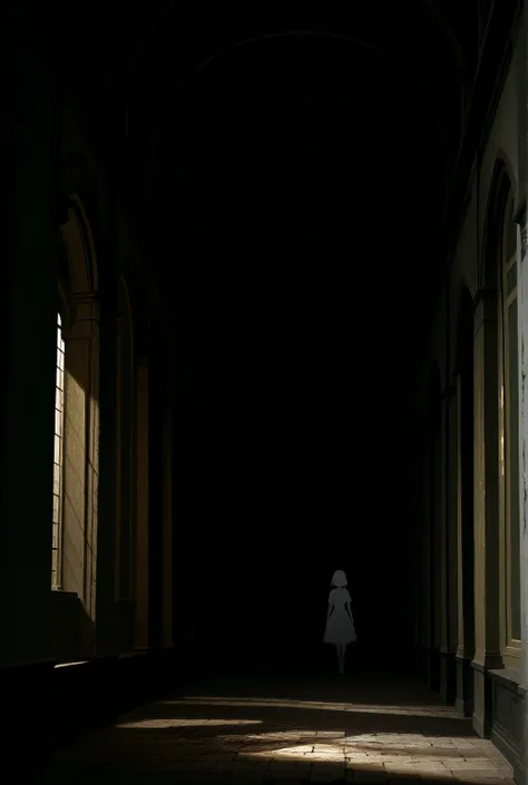 (masterpiece, best quality:1.2),[floating white silhouette],antique building,(dark) Very old haunted mansion, dusty antique, worn out walls,An artistically beautiful structure,horror vibe,shading and contrast,(dramatic lighting, strong contrast),Minimalism