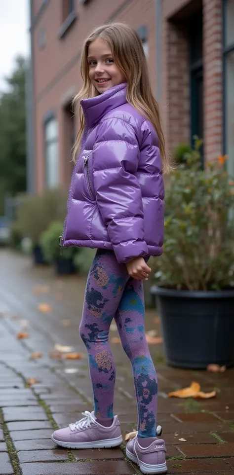 Backside diagonally photo from side behind of a sweaty hot wet cute beautiful darkblonde furtuned dutch spanish italia young posing age femboy wearing lilac purple canada-goose shiny pvc puffy cropped short puffer jacket, very short shiny plum Big luxuriou...