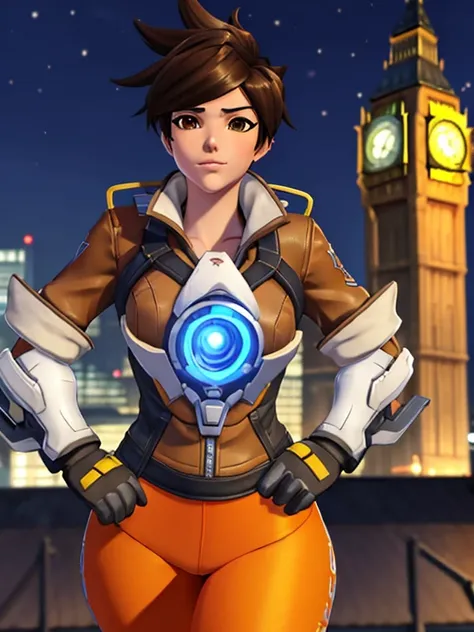 -masterpiece- -ultra HD- -4k- -anime style- -1beautiful girl- -big hips- A Young Tracer, She is a woman with an athletic build, with short, spiky brown hair, wearing a tight orange and white suit with a short brown jacket. His most iconic feature is the Ch...