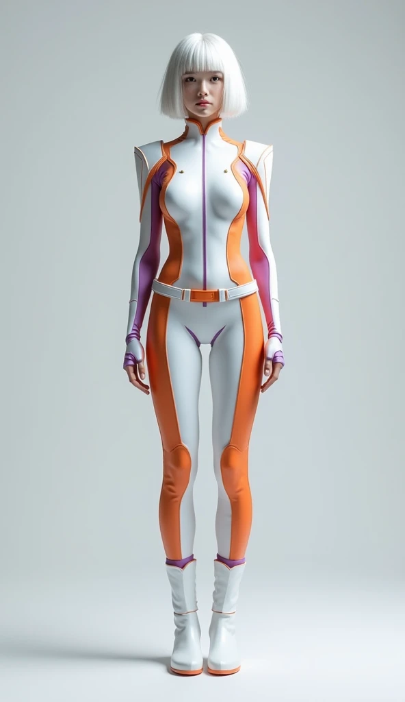   Realistic full body photo of a beautiful and gorgeous slender white bob hair young triplets woman , cute, lean sexy, fractal Legionnaire, .Unreal Engine,  extremely attractive man wearing white skin tight fit sexy suit,  with orange and Violet combinatio...