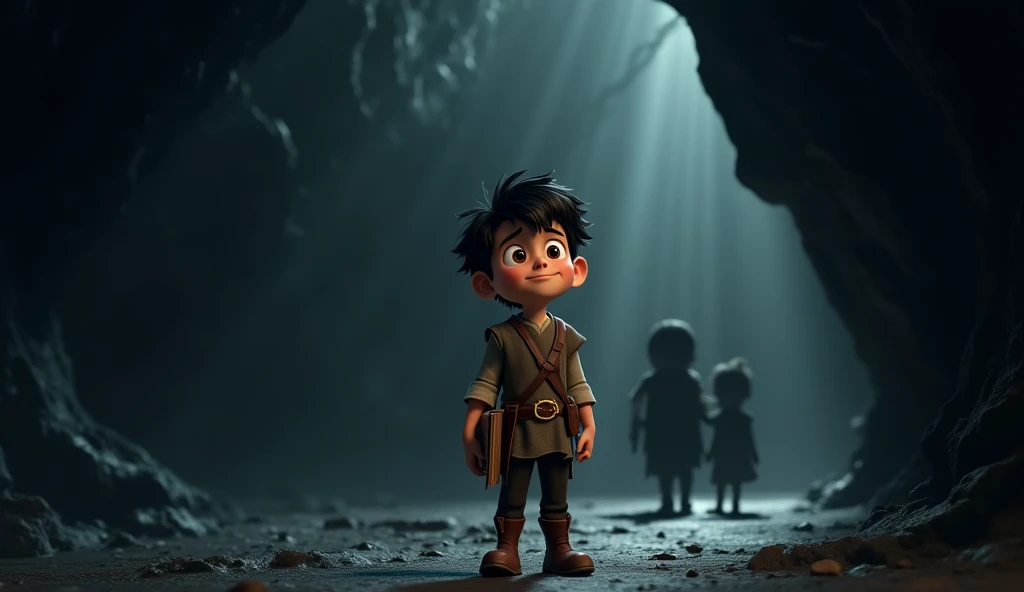 A 3D image of A scared cartoon aged boy( tall, messy black hair and determined brown eyes. He wears a simple tunic with a leather belt, dark brown pants, and boots. A magical book is in his side bag .) is watching  a  shadows of his family on the walls of ...