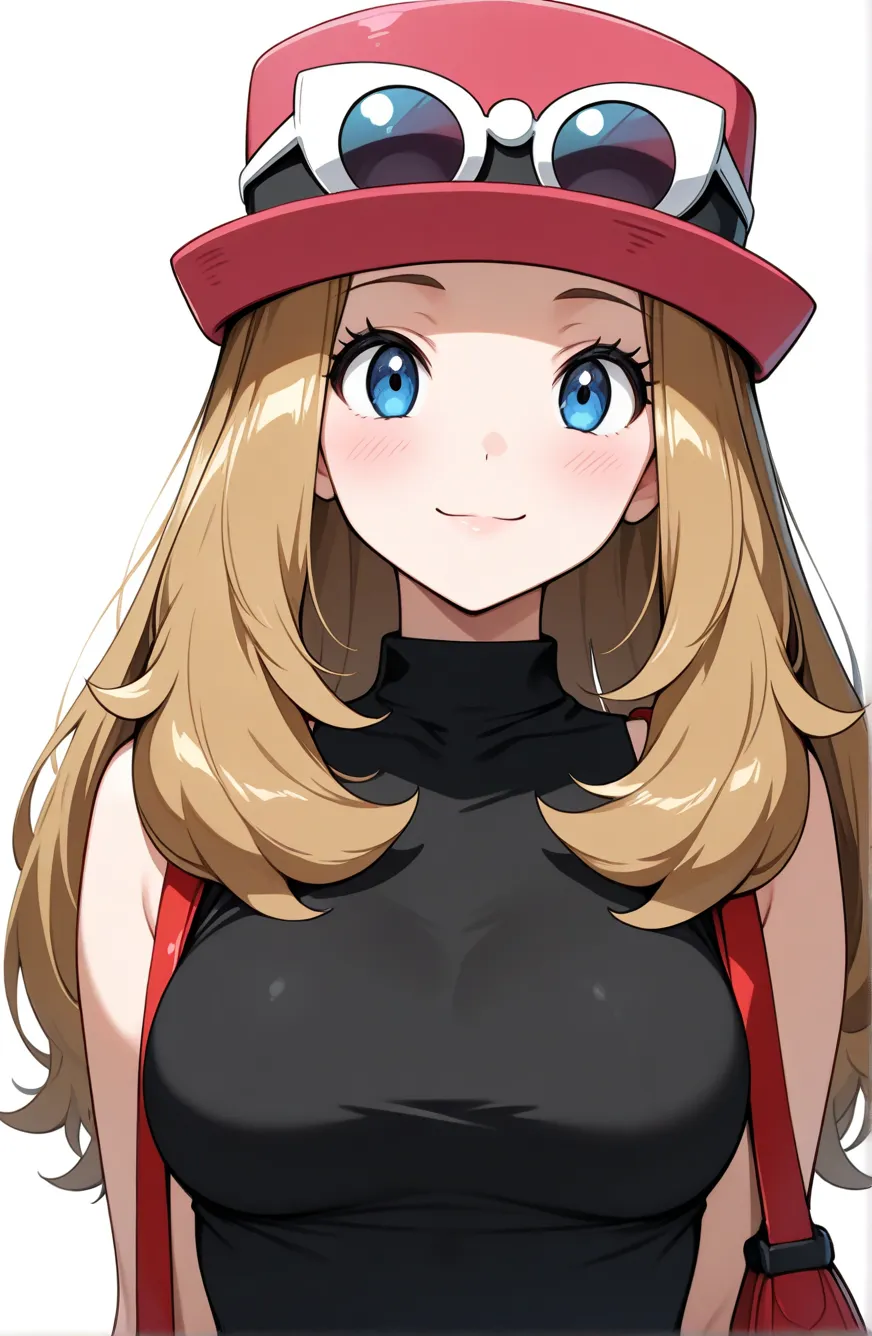 serena_(pokemon), 1girl, long_hair, smile, solo, hat, blush, sunglasses, blue_eyes, gimmick experience, looking_at_viewer, brown_hair, closed_mouth, white_background, simple_background, pink_headwear, red_headwear, shirt, eyewear_on_head, upper_body, bag, ...