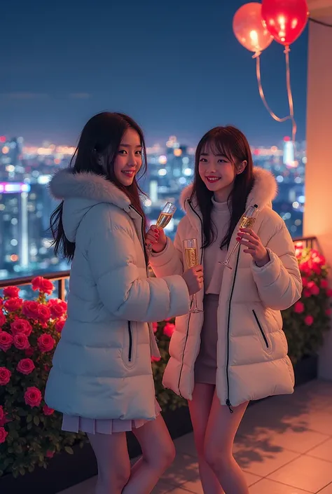 Two women、 luxury hotel veranda with roses 、 dancing furiously 、Night view of Tokyo in the back 、Champagne、balloon、 looking at camera、white down coat with fur、 and is wearing a hood、Winter clothes、 Japanese、 tall 、thin、 sounds fun、 style is good、Fair skin、...