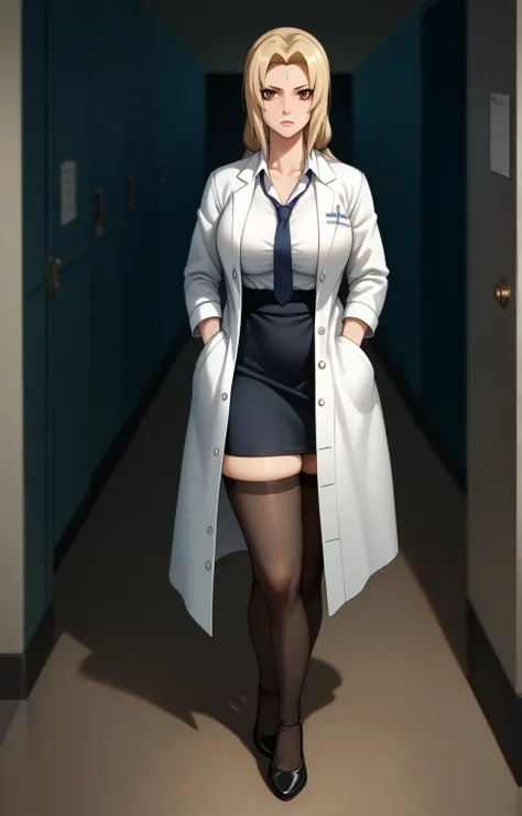 masterpiece, best quality, high quality, highres, 1girl, solo, white shirt ,long labcoat, black office skirt, thighhighs, full body, standing, hands in pockets, bored, depth of field, laboratory, Score_9, Score_8_up, Score_7-up, Score6-up, ScoreS Score4_up...