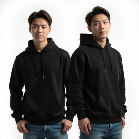 Two thai male Cheerful and bright,((Back and front  Wear a blank black hoodie larg,wearing a jeans pants)), white background,adding depth and a dynamic element to the composition.medium angle, positioned at waist level to emphasize, Masterpiece, Best Quali...