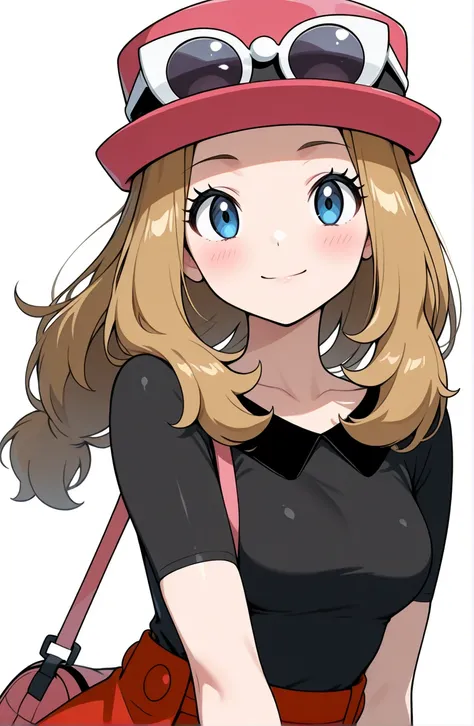 serena_(pokemon), 1girl, long_hair, smile, solo, hat, blush, sunglasses, blue_eyes, gimmick experience, looking_at_viewer, brown_hair, closed_mouth, white_background, simple_background, pink_headwear, red_headwear, shirt, eyewear_on_head, upper_body, bag, ...