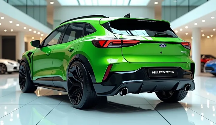 create an ultra-detailed 3D render of a modern, close-up side view of modern 2025  big fat large bumper (Ford Eco Sports With a bold design. The car should feature a "Gleamy glossy painted  (full Green )" color with a prominent '(Ford Eco Sports ' logo on ...