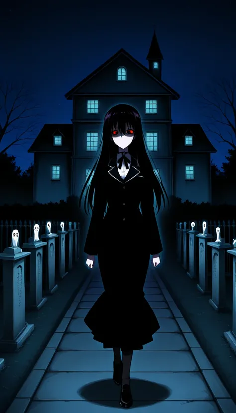 anime, horror anime, haunted house, indoor:1.9, Old mansion, night. dark room, dark-haired woman, walking through a graveyard, Ghost Woman, lonely expression,