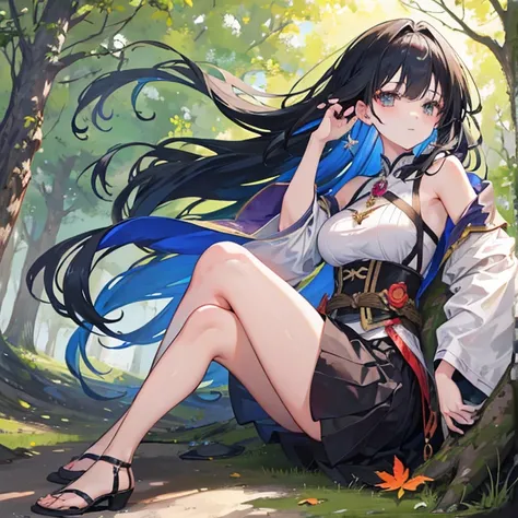    An anime girl in a lightweight witch costume   ,  She is tall  ,   her hair fluttering with the wind   ,    leaning against the rough bark of an ancient tree   ,   with seteny {ten}  Her divine and alluring posture attracts nearby mercenaries .   Her en...