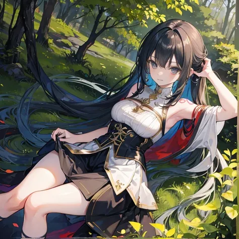    An anime girl in a lightweight witch costume   ,  She is tall  ,   her hair fluttering with the wind   ,    leaning against the rough bark of an ancient tree   ,   with seteny {ten}  Her divine and alluring posture attracts nearby mercenaries .   Her en...