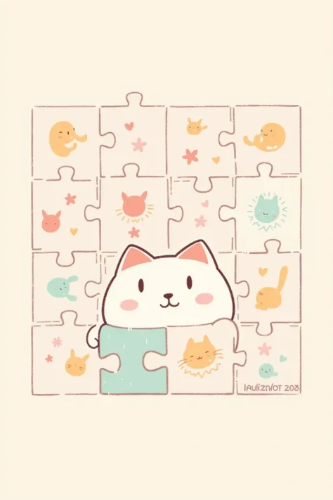 Puyo Puyo, cat face puzzle, Fallen stuff puzzle, square cat face,  They line up regularly, cute,  cute, Heartwarming illustrations, simple color, 2D