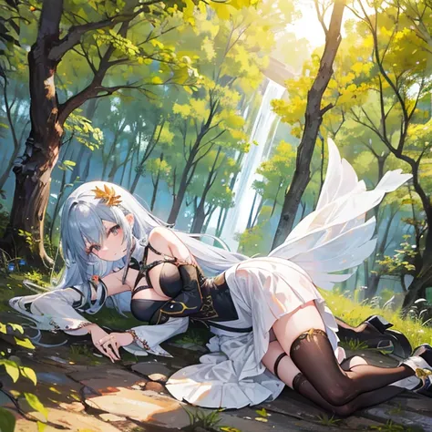    An anime girl in a lightweight witch costume   ,  She is tall  ,   her hair fluttering with the wind   ,    leaning against the rough bark of an ancient tree   ,   with seteny {ten}  Her divine and alluring posture attracts nearby mercenaries .   Her en...