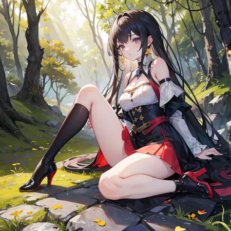    An anime girl in a lightweight witch costume   ,  She is tall  ,   her hair fluttering with the wind   ,    leaning against the rough bark of an ancient tree   ,   with seteny {ten}  Her divine and alluring posture attracts nearby mercenaries .   Her en...