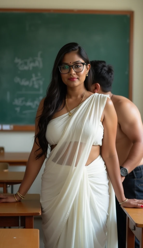 Front view,Full body image, indian hourglass body, Indian medium plus sized 29 year old Telugu cuvy teacher syamala, lovely face, suductive expression on face and lips, mouth slightly open, suductive look, lean to the table. Both hands on both sides of tab...