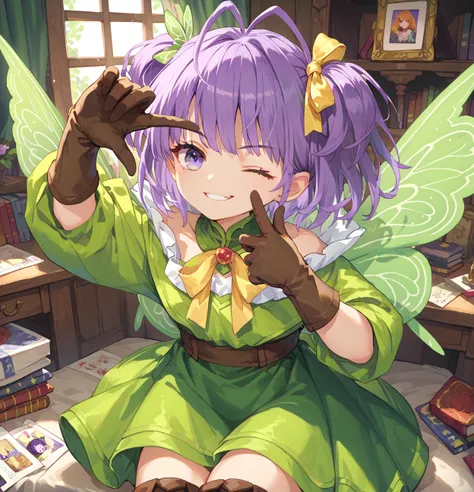 ((Finger Frame:1.3)),(((Finger Frame:1.3))),wink,((masterpiece,best quality:1.2)),Muryan,short hair,green dress,purple hair,single sidelock,yellow ribbon,antenna hair,purple eyes,brown gloves,brown thigh boots,fairy wings