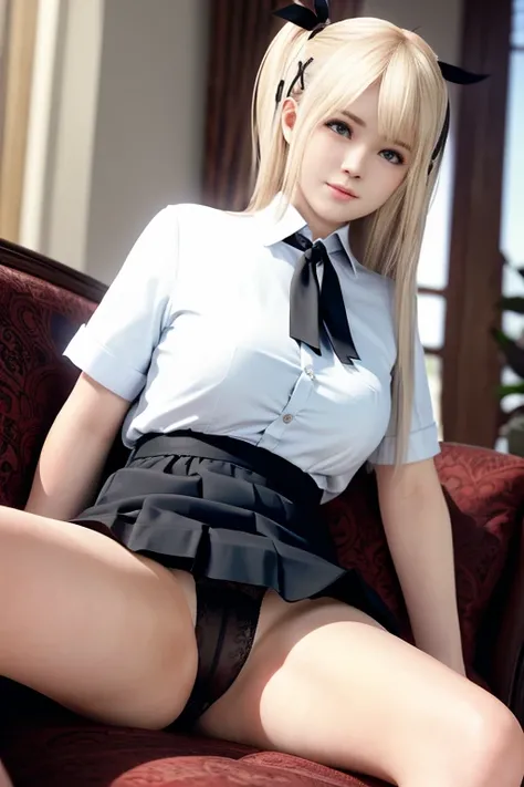 Marie_rose, master-piece, best quality, office lady, white shirt, black short skirt, white pantyhose, lying on sofa, before sex