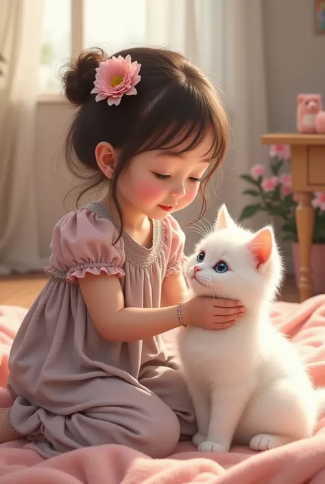 A  girl with pink and grey dress is playing with his cute white cat with blue yes
