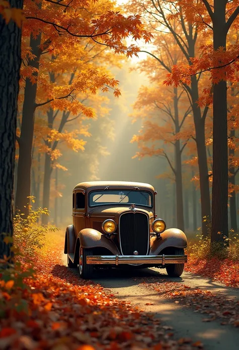   An old Chevrolet is driving through the autumn grove.