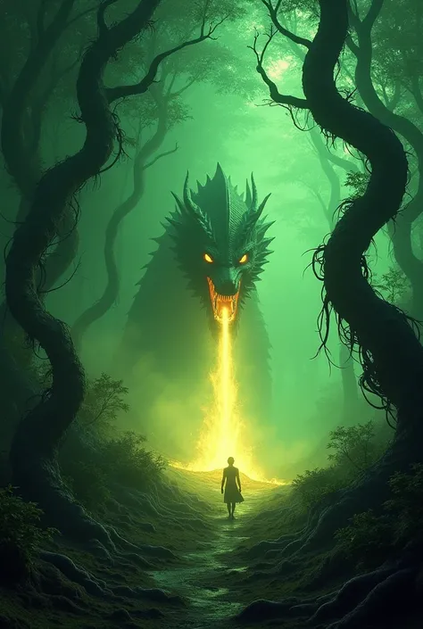 
A forest on green flames , with writhing black trees, In the background a dragon letting out a yellow fire through its mouth
