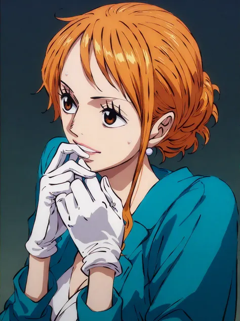 Nami in a dark blue suit,  white armor ,  white gloves 