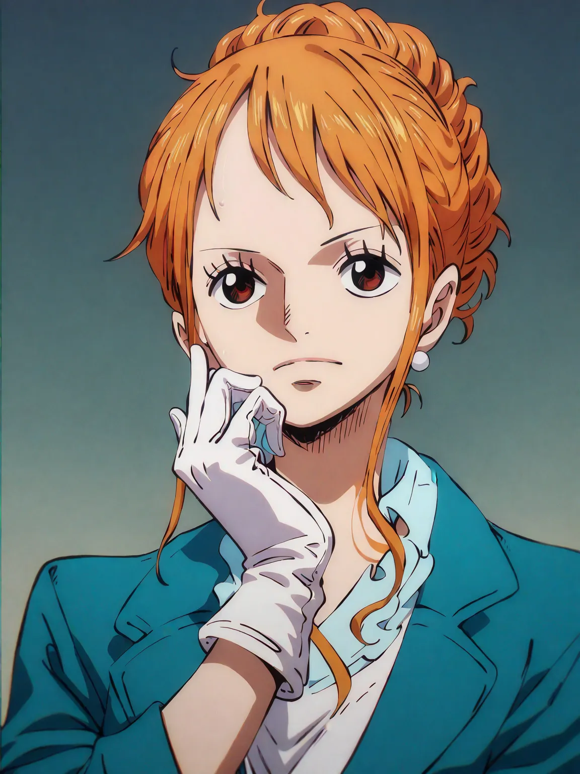 Nami in a dark blue suit,  white armor ,  white gloves 