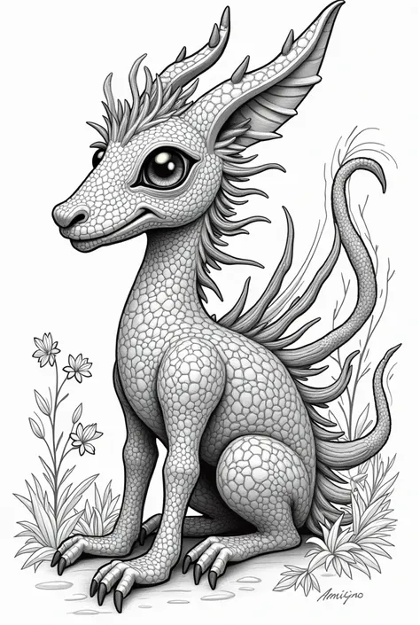 An alebrije (fantastic creature),  for coloring , defined lines,  black and white,  monochrome,  for coloring , for ren,  detailed, fondo  detailed, without shadows,  monochrome, no gray scale,  for coloring ,  for coloring 