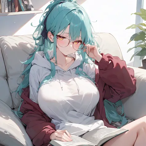 1 beautiful woman, wearing a loose hoodie, wearing glasses,, messy hair, sleepy, really tall, long silky cyan hair, beautiful yellow burgundy red eyes, big engorged boobs, blushing, reading a book on the couch