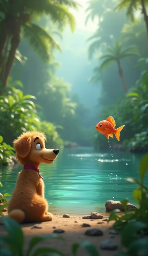 a cute innocent dog watches a fish dive into the water from its chin on the ground in the jungle  3d animation style 