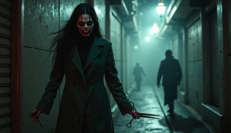 "A terrifying and suspenseful image capturing the fear and tension of the Kuchisake-Onna (Slit-Mouth Woman) Legend. The composition features a dimly lit urban alleyway at night, with the ominous figure of the Kuchisake-Onna standing in the foreground. She ...