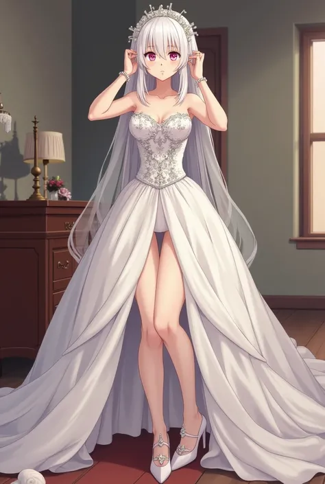 White hair girl, pink eyes, wedding dress. In a room preparing for her wedding, frowning. Tsundere. She is trying on the heels, her thighs are visible with the dress slightly raised, her hair is tied up with ornaments. Her wedding dress is pompous.She has ...