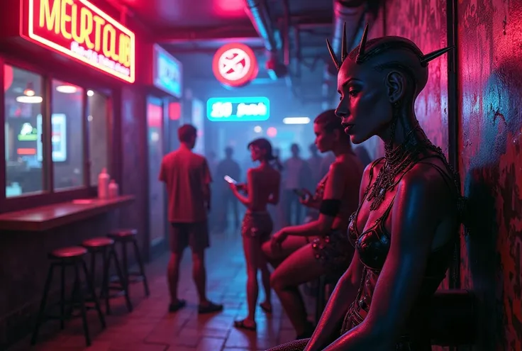  Hyperrealistic cyberpunk style ,Neon lights, city at night,  tall details , realism,  photorealistic, Hyperrealism, Cyberpunk nightclub ,  at night, walls with graffiti,  neon lights, Aliens and people in a nightclub, sexy women, sexy aliens