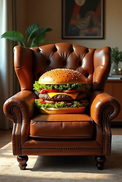 Create a realistic image of a fusion between a gourmet burger and a luxurious leather armchair, placed in a cozy living room. The seat and backrest of the armchair should resemble a juicy burger, with a golden, toasted bun as the cushion, layers of fresh l...