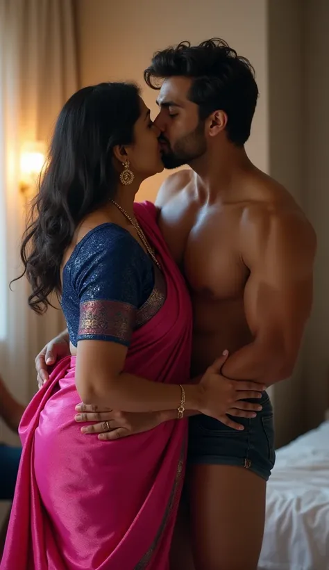 Indian 46 year old medium plus sized wife ,(wearing pink colour glossy saree and blue colour glossy deep neck blouse) and 27 year old shirtless man driver kissing on bed. One man sitting on chair And he watching that, very bright light