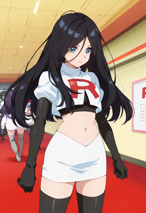 best quality, masterpiece
BREAK
1girl, natsukohirose, black hair, long hair, blue eyes,
team rocket,team rocket uniform,white skirt,red letter R,crop top,black thigh-highs,black elbow gloves, cowboy shot,
indoors