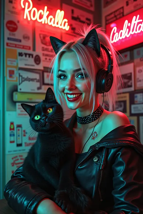    emerald green and red gradation     、     cute smiling black cat   、    Silver Haired Ash   、 Gothic Lolita with ponytail wearing a black polka dot dress and leather jacket、 cool woman with impressive sunglasses and headphones   ,  I smoke  、    WALTHER...