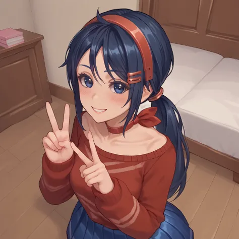 score_9,score_8_above,score_7_above,  alone, 1 ,   dark blue eyes ,  dark blue hair , braid hair ,  red hair band,  choker ,  red sweater, blue skirt,  hair ornament ,  sweet smile, Blush, Blushing, peace pose,  hand of peace 