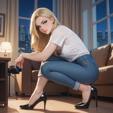 anime style woman, night, ((in the room analyzing adjusting the dslr camera on the tripod)) white skin. Blonde with straight, long, straight hair, blue eyes, thin eyebrows. dressed in a white t-shirt and ankle-length jeans, black high-heeled shoes.