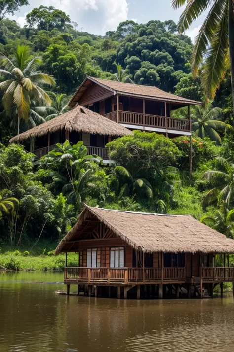 photo of a typical house from the Amazon region located on the riverbank, tropical forest, canon 5D Mark 4, 8k