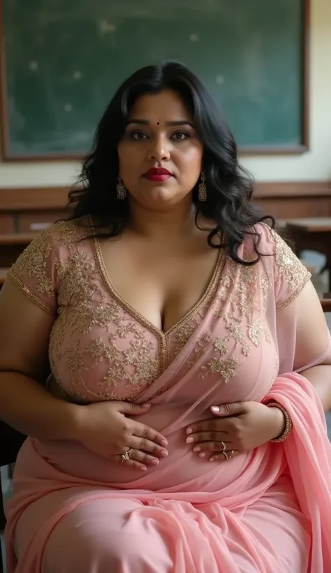 Front view,Full body image, hourglass body, Indian north Indian plus sized teacher syamala, suductive expression on face, very huge breasts, suductively biting on her lower lip by herself, pink colour fully transparent chiffon saree and deep neck light pin...