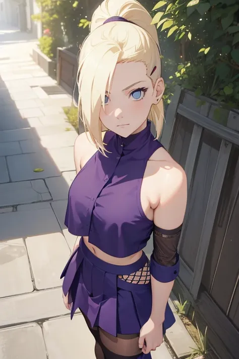 (obra maestra),  the best quality, ojos expresivos,  perfect face,  a girl, Alone , Yamanaka Ino,  Blond hair, blue eyes, purple crop top ,  separated sleeves ,  purple skirt , mesh sleeves, tights,  outdoor,  natural lighting ,  full body, retrato,  looki...