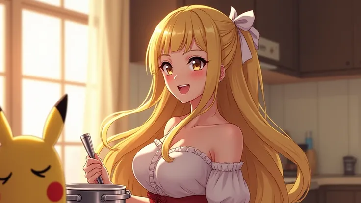 Beautiful anime girl, household wife, cooking sexy, pikachu peluche on table, nice face open mouth smile tooth, nice hair with ribbon, blonde long hair adult