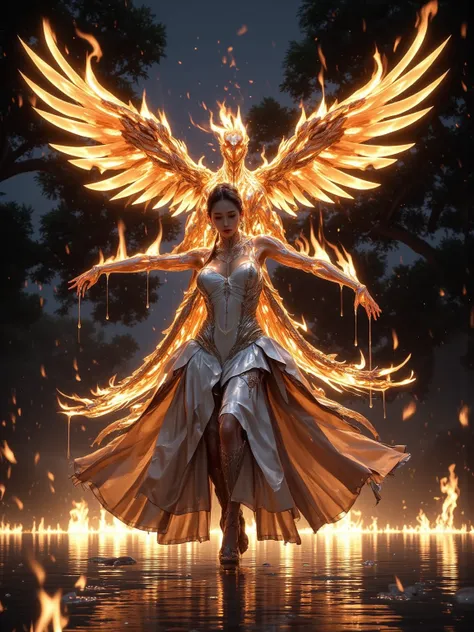 A hyper-realistic portrait ，Depicts fiery 、The burning 、Fiery feathered phoenix ，Flying above the fire woman 。A woman dances gracefully on the lake below。The woman's clothes are made of fire 。The phoenix and the woman have synchronized movements 。The phoen...