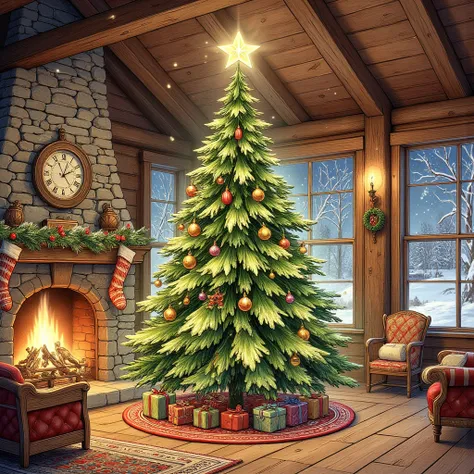 Christmas tree，The background is a log cabin，