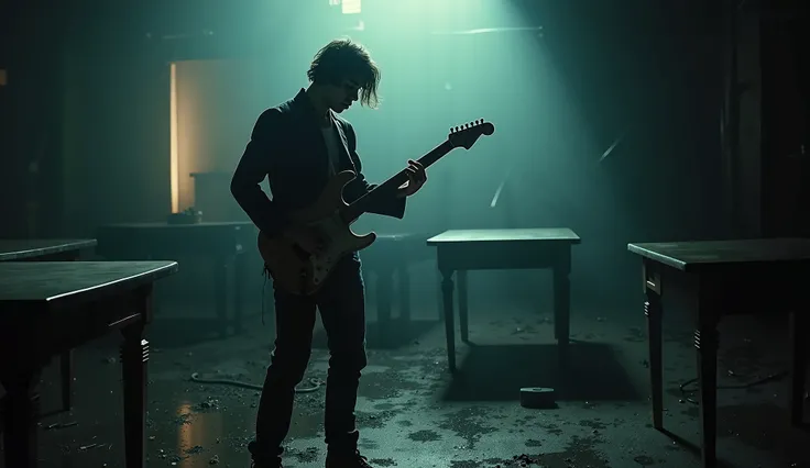 A cinematic and atmospheric photo of a cool young man with a rockstar appearance, playing an electric guitar in a dimly lit, chaotic room. The room is filled with overturned and scattered tables, creating a sense of disorder and raw emotion. He is position...