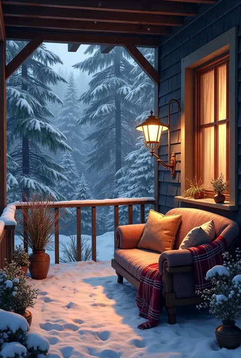 Porch of a house with wooden sofa with a plaid blanket cushions with floor lamp in the garden vases with pine trees snow at night European style 