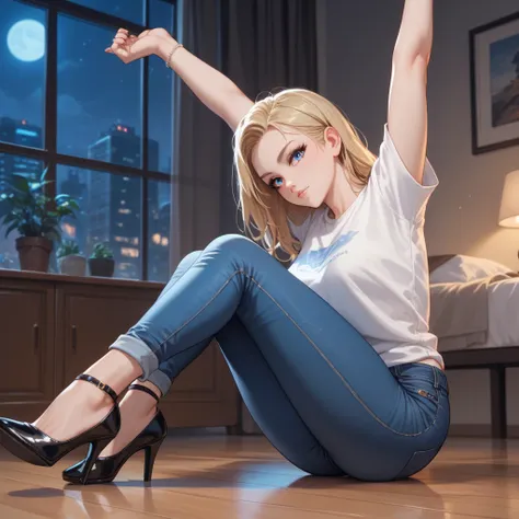 anime style woman, night, ((in the room stretching both hands forward calling the viewer)) white skin. Blonde with straight, long, straight hair, blue eyes, thin eyebrows. dressed in a white t-shirt and ankle-length jeans, black high-heeled shoes.