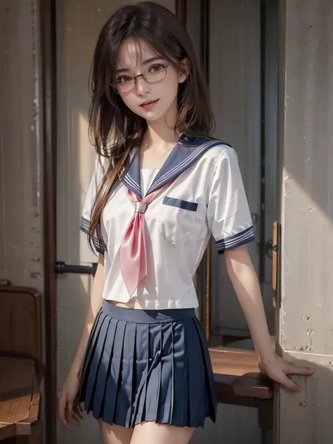 1 Japan girl, cute girl, cute, (School Uniforms, white shirt, navy blue pleated skirt, miniskirt, Red tie), standing, class room, Perfect female figure, Perfection face, Shiny Pink Lips, expressive eyes, eyeshadow, eyeliner, Huge Natural Breasts, ( Thin Wa...