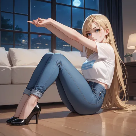 anime style woman, night, ((in the room stretching both hands forward calling the viewer)) white skin. Blonde with straight, long, straight hair, blue eyes, thin eyebrows. dressed in a white t-shirt and ankle-length jeans, black high-heeled shoes.